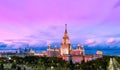 Aerial panoramic view of famous Russian university campus in Moscow under dramatic sunset sky Royalty Free Stock Photo