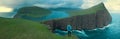 AERIAL: Panoramic view of female hiker looking at the calm lake near rocky cliff Royalty Free Stock Photo