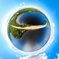 Aerial panoramic view in form of small planet of Pulkkilanharju Ridge on lake Paijanne, Paijanne National Park, Finland. Drone