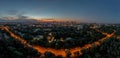 Aerial panoramic view of Frankfurt am Main skyline in glowing evening lights