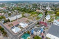 aerial panoramic view from great height of provincial town with a private sector and high-rise urban apartment buildings Royalty Free Stock Photo