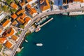 Aerial Panoramic view of the harbor and ships of the historic town of Perast in Kotor Bay in Montenegro