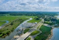 Aerial panoramic view harbour doc for many boat floating near freeway the ocean in USA