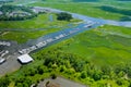 Aerial panoramic view harbour doc for many boat floating near the ocean in USA