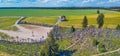 Aerial panoramic view of Hill of Crosses KRYZIU KALNAS . It is a famous religious site of catholic pilgrimage in Royalty Free Stock Photo