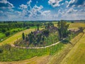 Aerial panoramic view of Hill of Crosses KRYZIU KALNAS . It is a famous religious site of catholic pilgrimage in Royalty Free Stock Photo