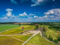 Aerial panoramic view of Hill of Crosses KRYZIU KALNAS . It is a famous religious site of catholic pilgrimage in Royalty Free Stock Photo