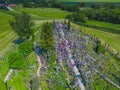 Aerial panoramic view of Hill of Crosses KRYZIU KALNAS . It is a famous religious site of catholic pilgrimage in Royalty Free Stock Photo