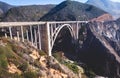 Aerial panoramic view of historic Bixby Creek Bridge along world famous Pacific Coast Highway 1 in summer sunny day , Monterey Royalty Free Stock Photo