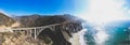 Aerial panoramic view of historic Bixby Creek Bridge along world famous Pacific Coast Highway 1 in summer sunny day , Monterey Royalty Free Stock Photo