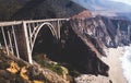 Aerial panoramic view of historic Bixby Creek Bridge along world famous Pacific Coast Highway 1 in summer sunny day , Monterey Royalty Free Stock Photo