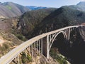 Aerial panoramic view of historic Bixby Creek Bridge along world famous Pacific Coast Highway 1 in summer sunny day , Monterey Royalty Free Stock Photo