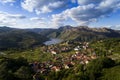 Aerial panoramic view of the historic village of Lindoso, with the surroundings mountains and lake, at the Peneda Geres National P Royalty Free Stock Photo
