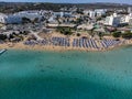 Aerial panoramic view on holidays resorts and blue crystal clear water on Mediterranean sea near Fig Tree beach, Protaras, Cyprus Royalty Free Stock Photo