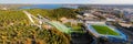 Aerial panoramic view of Lahti sports centre with three ski jump towers