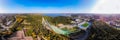 Aerial panoramic view of Lahti sports centre with three ski jump towers