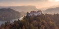 Aerial panoramic view of Lake Bled and the castle of Bled, Slovenia, Europe. Aerial drone photography Royalty Free Stock Photo