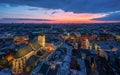 Aerial panoramic view of historical city center at twilight, Lviv, Ukraine. UNESCO world heritage site Royalty Free Stock Photo