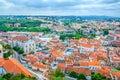 Aerial panoramic view of Leiria city old historical centre with red tiled roofs buildings Royalty Free Stock Photo