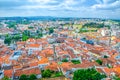 Aerial panoramic view of Leiria city old historical centre with red tiled roofs buildings, Beira Litoral province Royalty Free Stock Photo