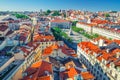 Aerial panoramic view of Lisboa historical city centre Baixa Pombalina Downtown with Rossio King Pedro IV Square