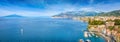 Aerial panoramic view of Marina Grande, cliff coastline Sorrento and Gulf of Naples, Italy