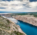 Aerial panoramic view with Maslenica bridge Royalty Free Stock Photo