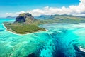 Aerial panoramic view of Mauritius island - Detail of Le Morne Brabant mountain with underwater waterfall perspective