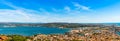 An aerial panoramic view, from Mont-Saint-Clair de SÃÂ¨te, over the town and the Thau lake.