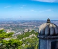 Aerial panoramic view of the Moorish castle (Castelo dos Mouros) in Sintra and the vast lands and meadows of Sintra. Royalty Free Stock Photo
