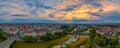 Aerial panoramic view in Muenchen with the central flowing Isar river at the aerly morning at sunrise.