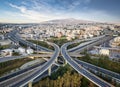 Aerial panoramic view of multilevel junction highway road interchange section Royalty Free Stock Photo