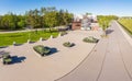 Aerial panoramic View at the Museum diorama Breakthrough of the siege of Leningrad in sunny summer day. Monument Soviet
