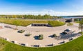 Aerial panoramic View at the Museum diorama Breakthrough of the siege of Leningrad in sunny summer day. Monument Soviet tanks KV-1