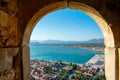 Aerial panoramic view of Napflio, Greece from Palamidi fortress. Seaport town in the Peloponnese peninsula