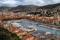 Nice, Cote d`Azur, France. Aerial view of the city and port with yachts and boats.