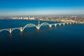 Aerial panoramic view on old arch railway Merefo-Kherson bridge across the Dnieper river in Dnepropetrovsk. View of the Royalty Free Stock Photo