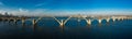 Aerial panoramic view on old arch railway Merefo-Kherson bridge across the Dnieper river in Dnepropetrovsk, Ukraine Royalty Free Stock Photo
