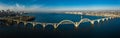 Aerial panoramic view on old arch railway Merefo-Kherson bridge across the Dnieper river in Dnepropetrovsk, Ukraine Royalty Free Stock Photo