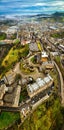 Aerial panoramic view of old city area of Edinburgh in spring Royalty Free Stock Photo