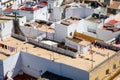 Aerial panoramic view of the old city rooftops and Cathedral de Santa Cruz in the afternoon from tower Tavira in Cadiz Royalty Free Stock Photo