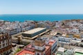 Aerial panoramic view of the old city rooftops and Cathedral de Santa Cruz in the afternoon from tower Tavira in Cadiz Royalty Free Stock Photo