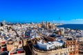 Aerial panoramic view of old city rooftops and Cathedral de Santa Cruz from tower Tavira in Cadiz, Andalusia, Spain Royalty Free Stock Photo