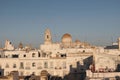Aerial panoramic view of the old city rooftops, Mercado Central and Cathedral de Santa Cruz in summer evening sunset Royalty Free Stock Photo