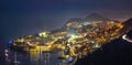 Aerial panoramic view of the old town of Dubrovnik in beautiful evening twilight at dusk Royalty Free Stock Photo