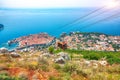 Aerial panoramic view of the old town of Dubrovnik with famous Cable Car on Srd mountain on a sunny day Royalty Free Stock Photo