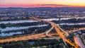 Aerial panoramic view over Vienna city with skyscrapers, historic buildings and a riverside promenade day to night Royalty Free Stock Photo