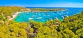 Aerial panoramic view of Palmizana, sailing cove and turquoise beach on Pakleni Otoci islands