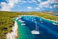 Aerial panoramic view of Palmizana, sailing cove and turquoise beach on Pakleni Otoci islands