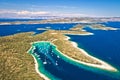 Aerial panoramic view of Palmizana, sailing cove and turquoise beach on Pakleni Otoci islands